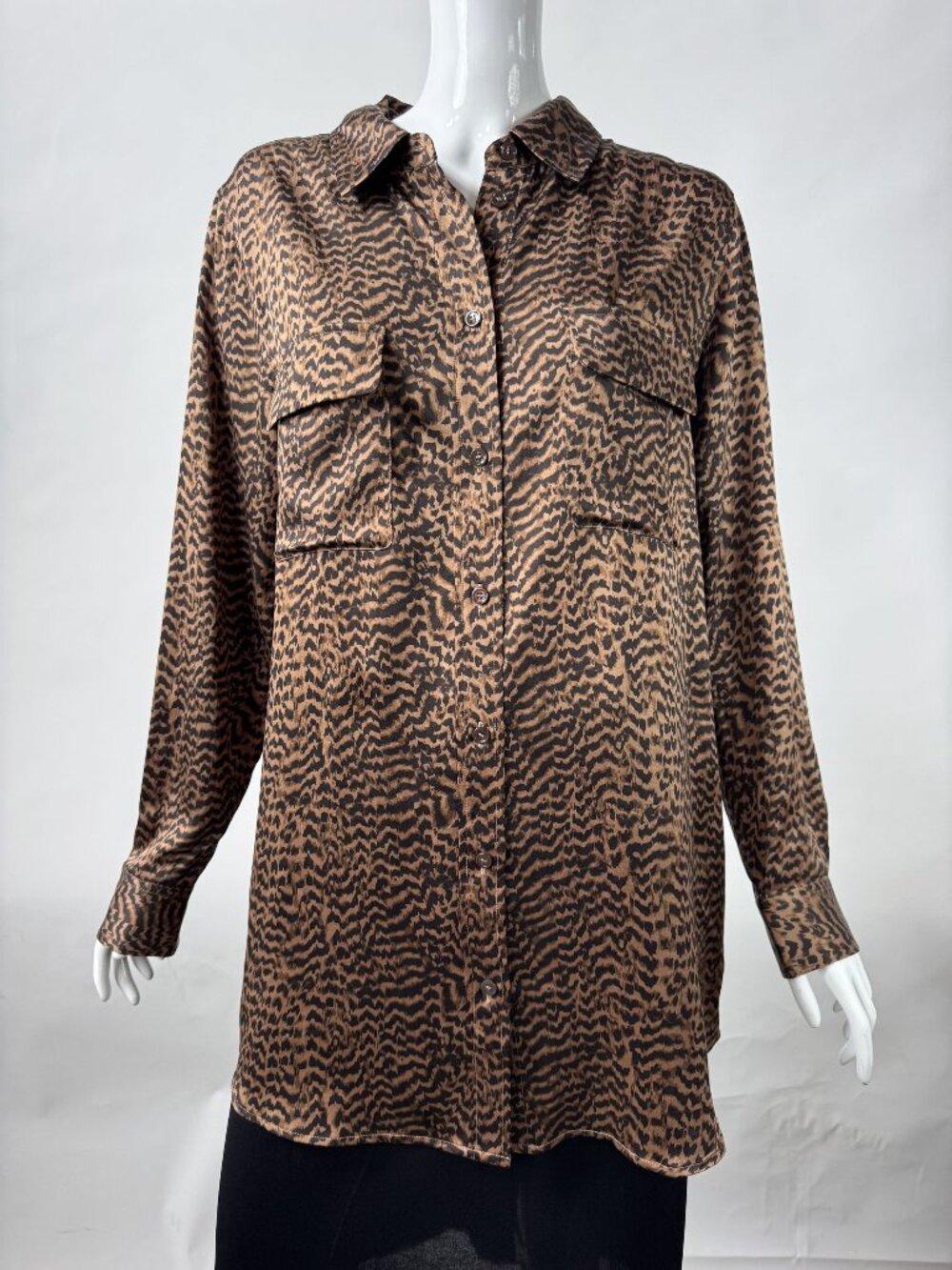 Soft Surroundings Brown Black Animal Print 100% Silk Button-Up Tunic Shirt Women